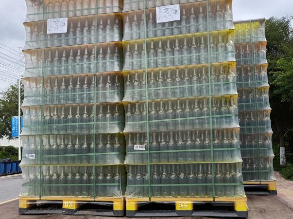 Uma fotografia industrial mostrando garrafas de vidro paletizadas protegidas por um sistema de prote&ccedil;&atilde;o de camada dupla. As cintas de alta PET fornecem a rigidez estrutural necess&aacute;ria para manter as camadas pesadas unidas e evitar deslocamentos, enquanto o filme extens&iacute;vel de alto desempenho envolve toda a unidade para garantir a conten&ccedil;&atilde;o e proteger superf&iacute;cies de vidro fr&aacute;geis contra abras&atilde;o, poeira e vibra&ccedil;&atilde;o durante o transporte.